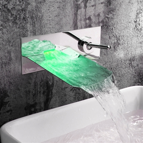 Leo Bathroom Wall Mount Sink Faucet LED Color Changable Waterfall Brass Chrome US
